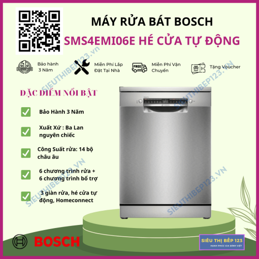 MÁY RỬA BÁT BOSCH SMS4EMI06E SERIE 4 SẤY HÉ CỬA