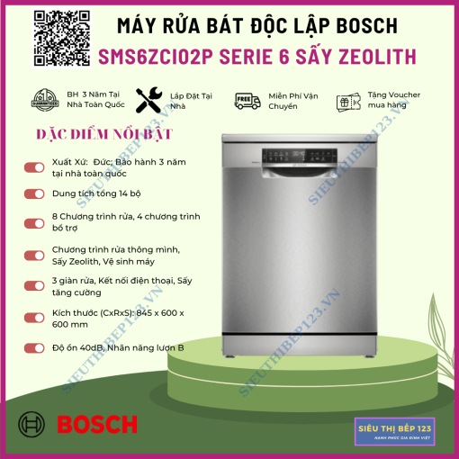 MÁY RỬA BÁT BOSCH SMS6ZCI02P SERIE 6 SẤY ZEOLITH TRÍ TUỆ NHÂN TẠO AI