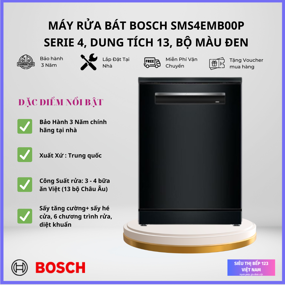 Máy rửa bát BOSCH SMS4EMB00P Serie 4 Màu Đen Máy rửa bát BOSCH SMS4EMB00P Serie 4 Màu Đen