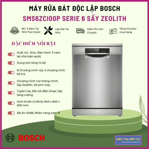 Máy Rửa Bát Bosch SMS6ZCI00P Serie 6 Sấy Zeolith