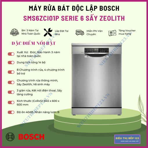 MÁY RỬA BÁT BOSCH SMS6ZCI01P SERIE 6 SẤY ZEOLITH