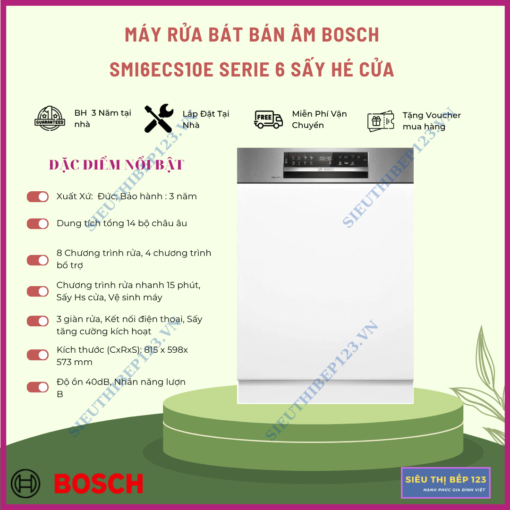 Máy rửa bát bán âm Bosch SMI6ECS10E Series 6 Sấy hé cửa tự động